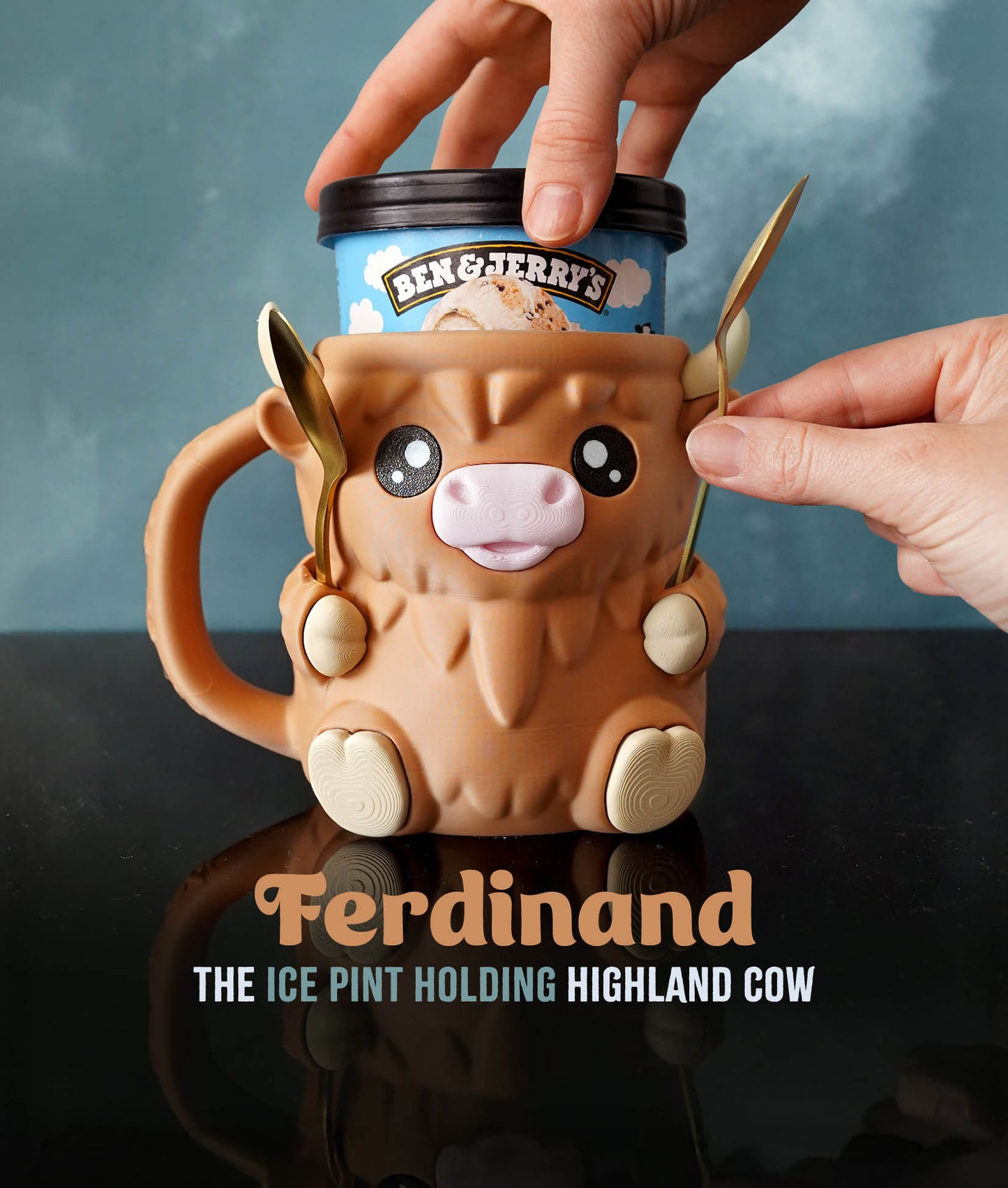 Ferdinand - The Ice Cream Pint Holding Highland Cow - Pint Pals by LeHa Design