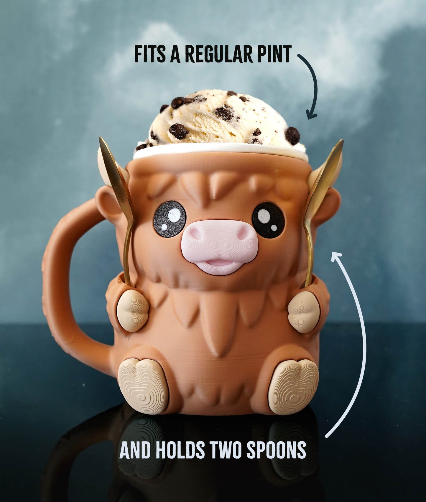 Ferdinand - The Ice Cream Pint Holding Highland Cow - Pint Pals by LeHa Design