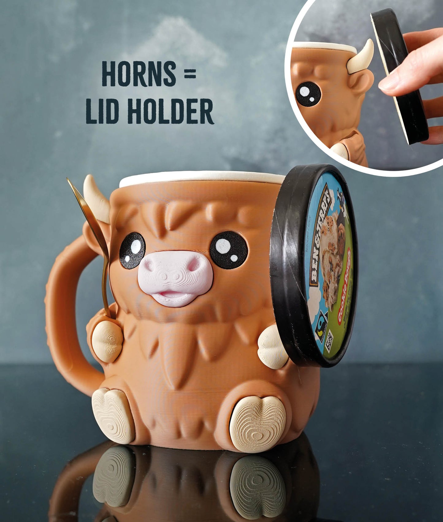 Ferdinand - The Ice Cream Pint Holding Highland Cow - Pint Pals by LeHa Design